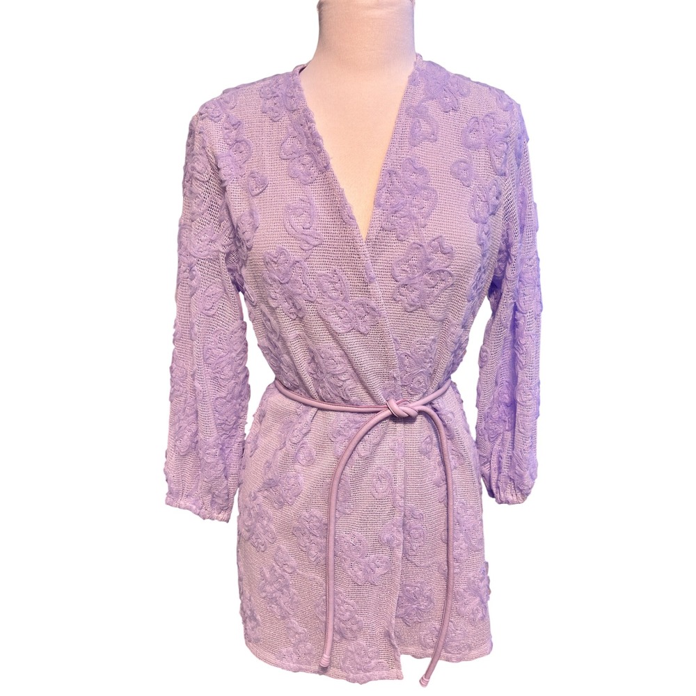 Mixed Floral Mesh Cardigan Women Medium Lavender Excellent Tie Waist Clover